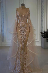 Mermaid Dress with Amazing Ruffle Long Sleeves and Tulle Lace